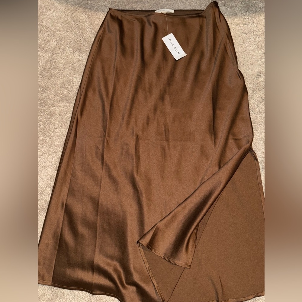 PacSun La Hearts Rich Brown/ Cooper Satin Midi Skirt